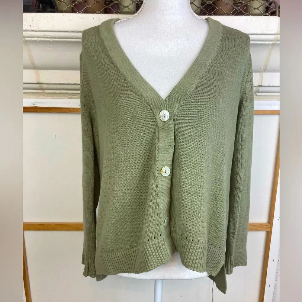Chico's Sage Green Cardigan Sweater Linen Cotton blend